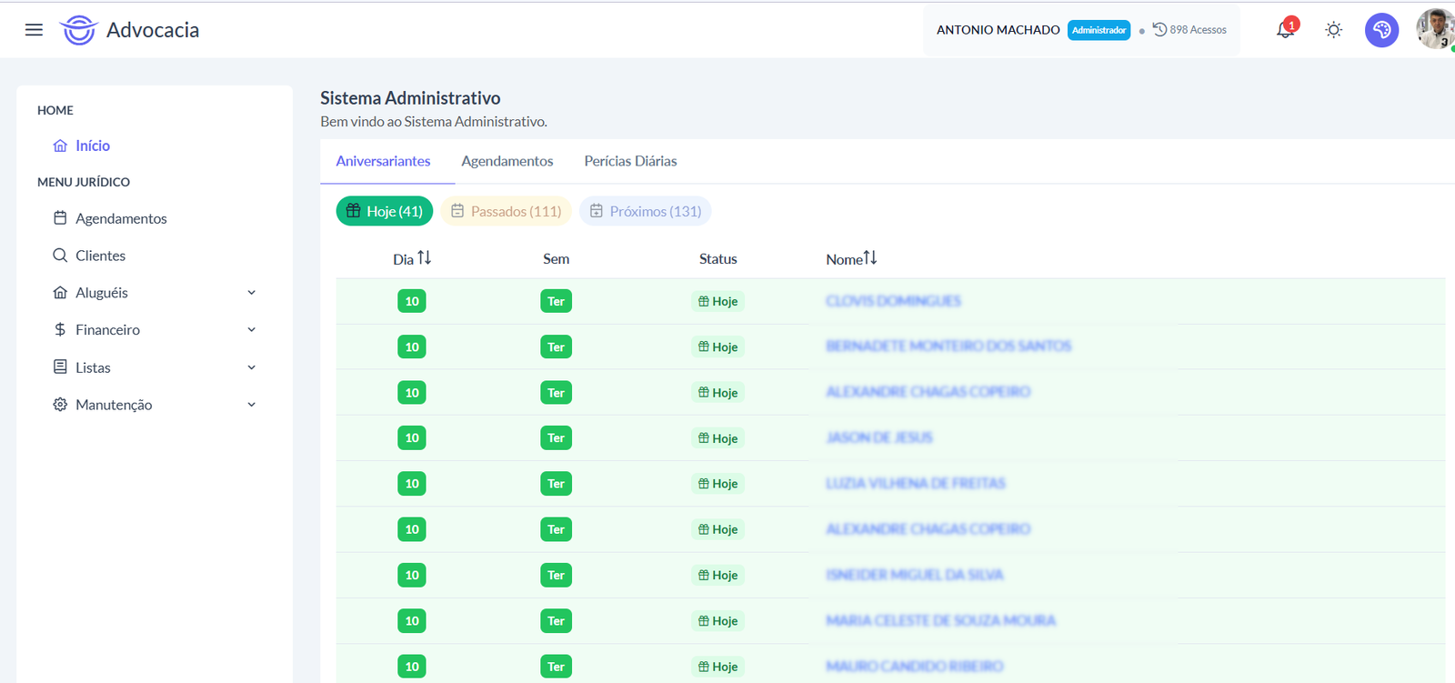 Dashboard do sistema de advocacia
