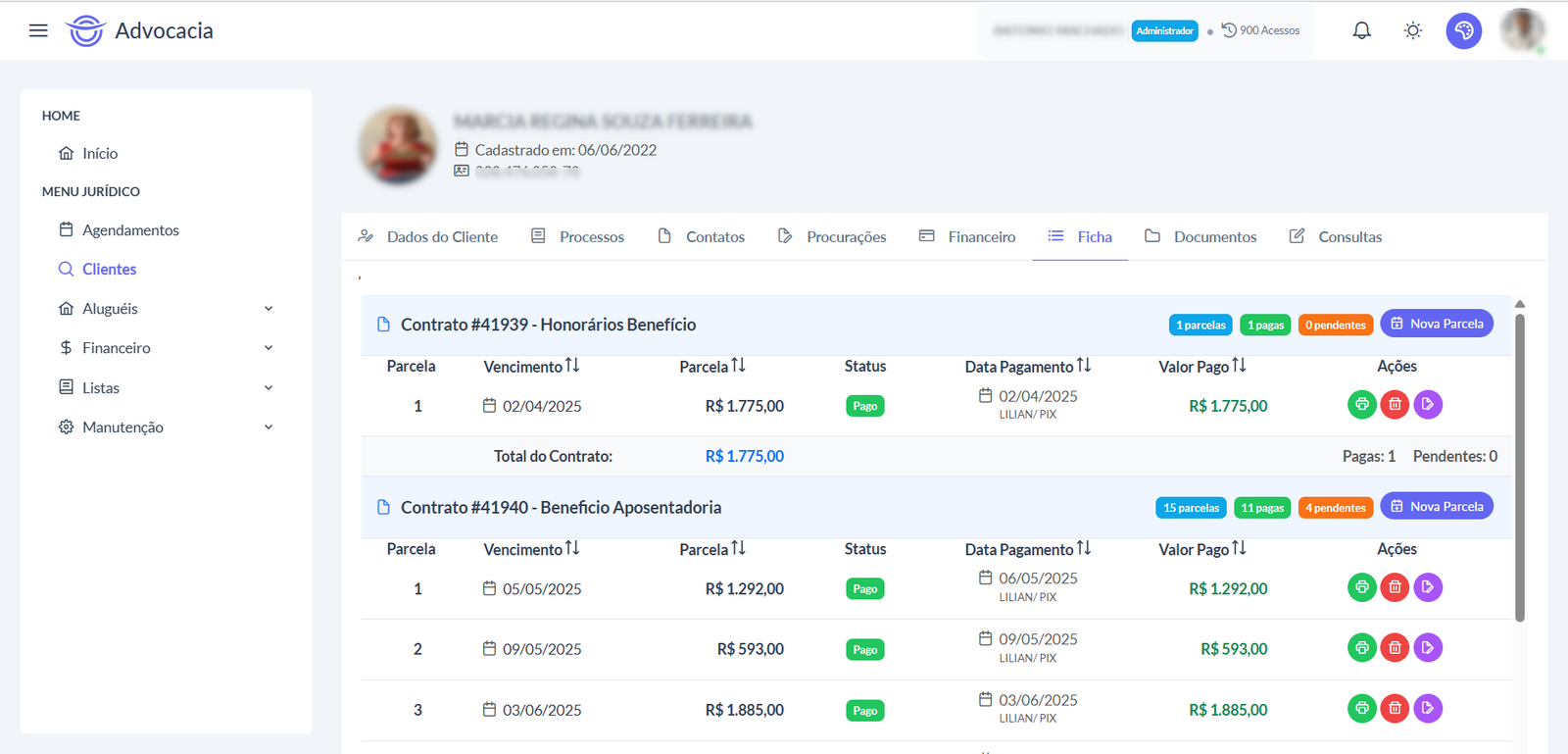Tela de acompanhamento financeiro